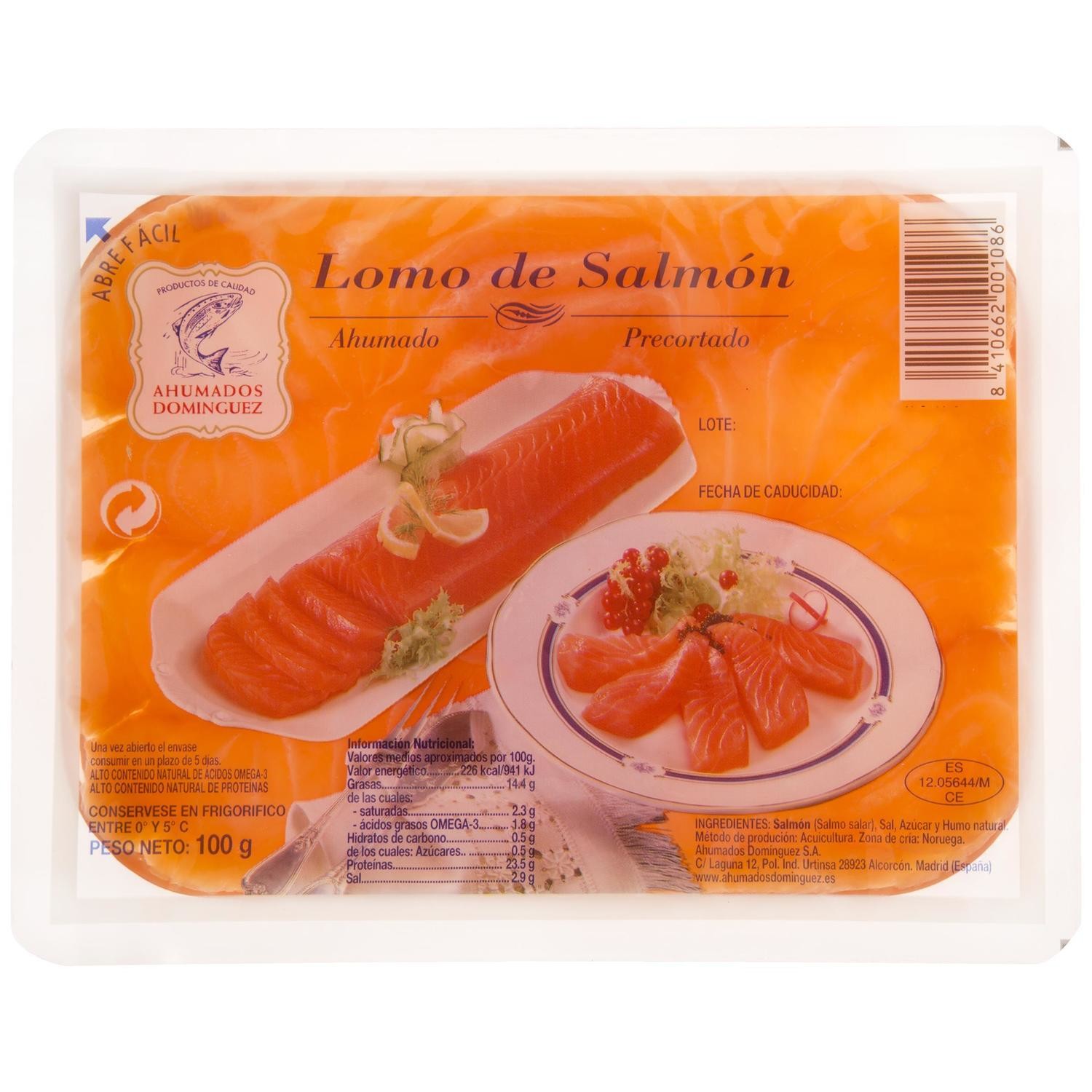 Lomo de salmón ahumado precortado de AHUMADOS DOMINGUEZ 100g.