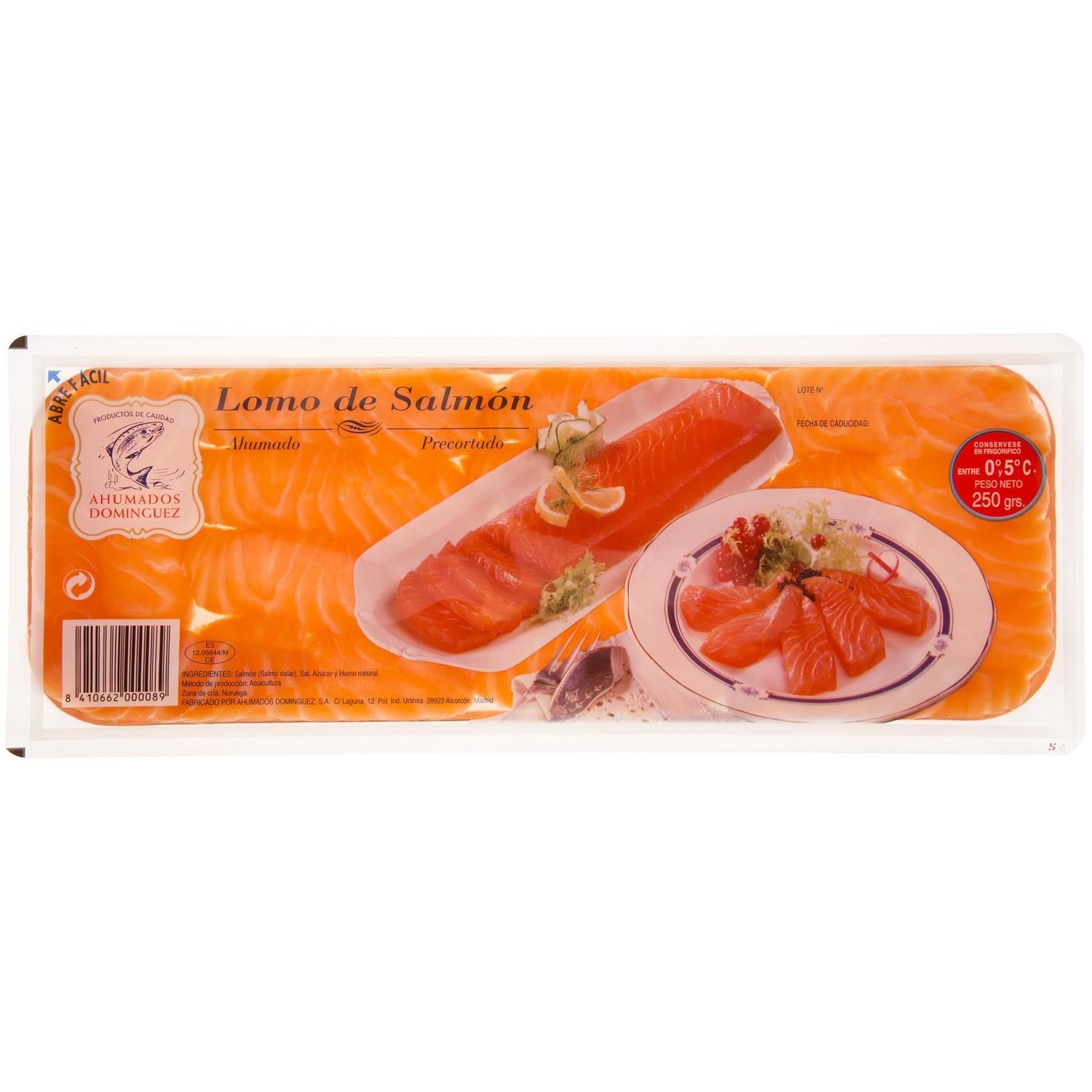 Lomo de salmón ahumado precortado de AHUMADOS DOMINGUEZ 250 gramos.