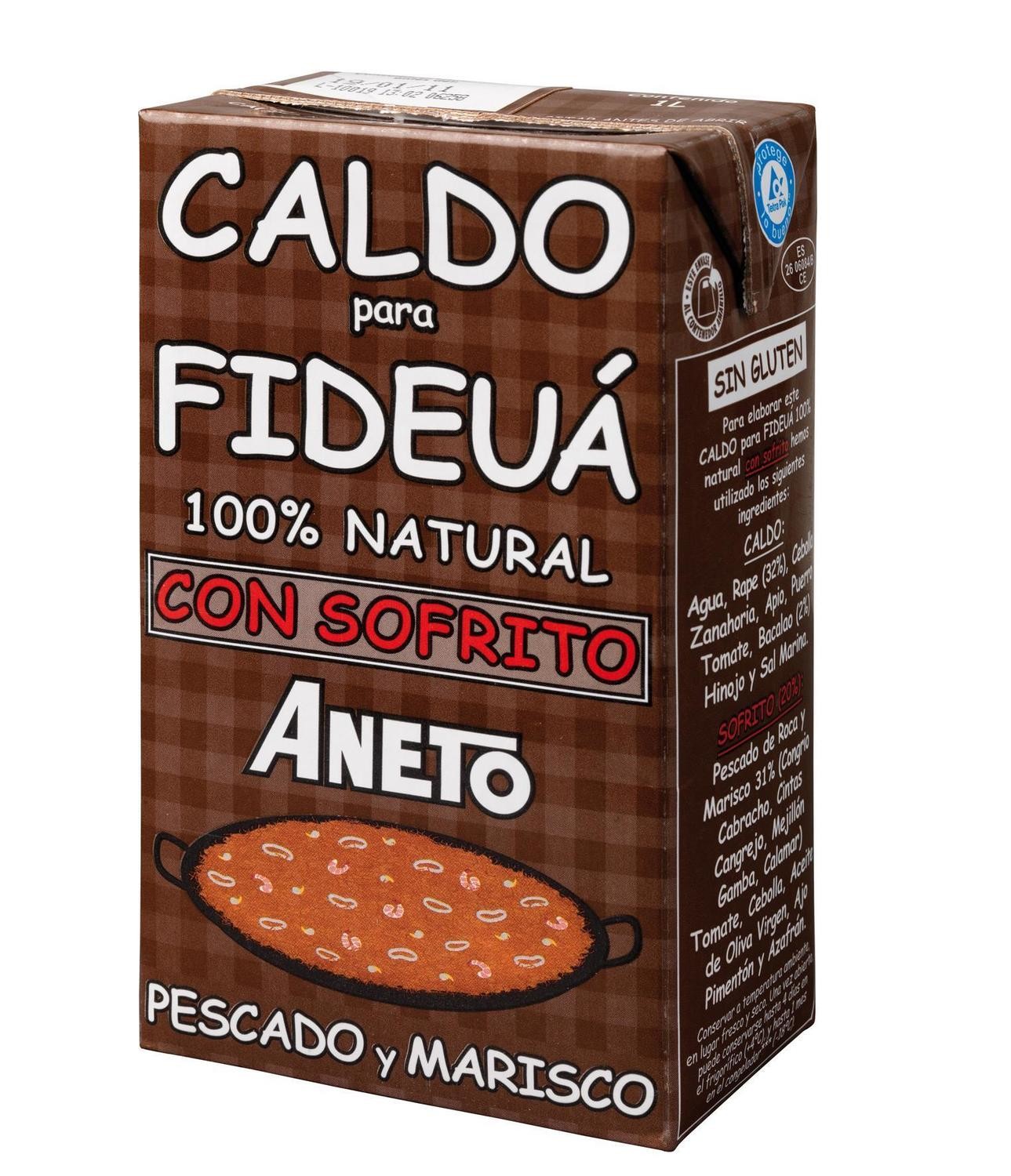 Caldo para fideuá con sofrito de pescado y marisco de ANETO (1 litro).