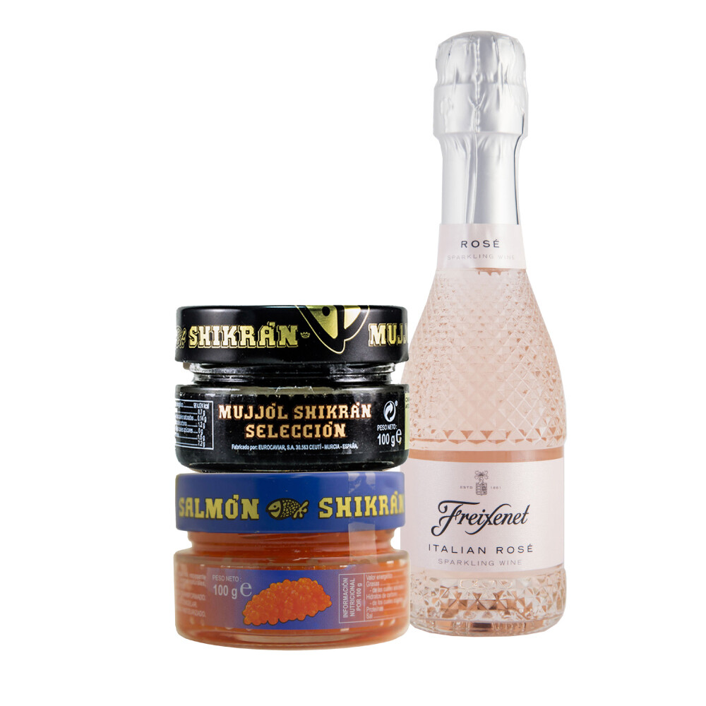 Pack de huevas de mujjol y de salmón de EUROCAVIAR más una botella de Rossé espumoso.