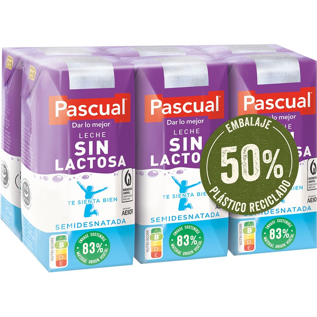 Leche semidesnatada sin lactosa PASCUAL pack 6x200 ml.