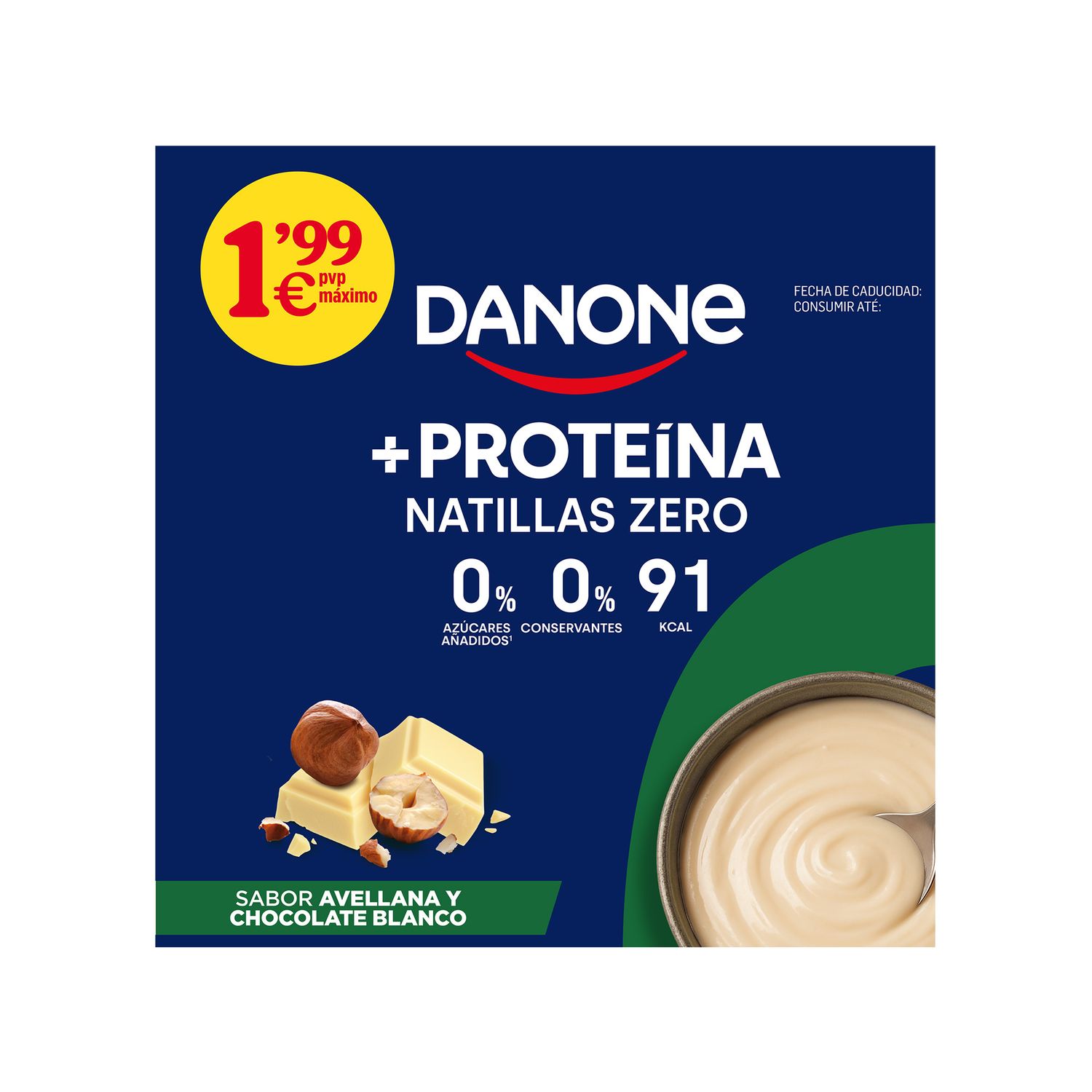 Natillas zero zero + proteína sabor avellana y chocolate blanco DANONE 4x120 g.