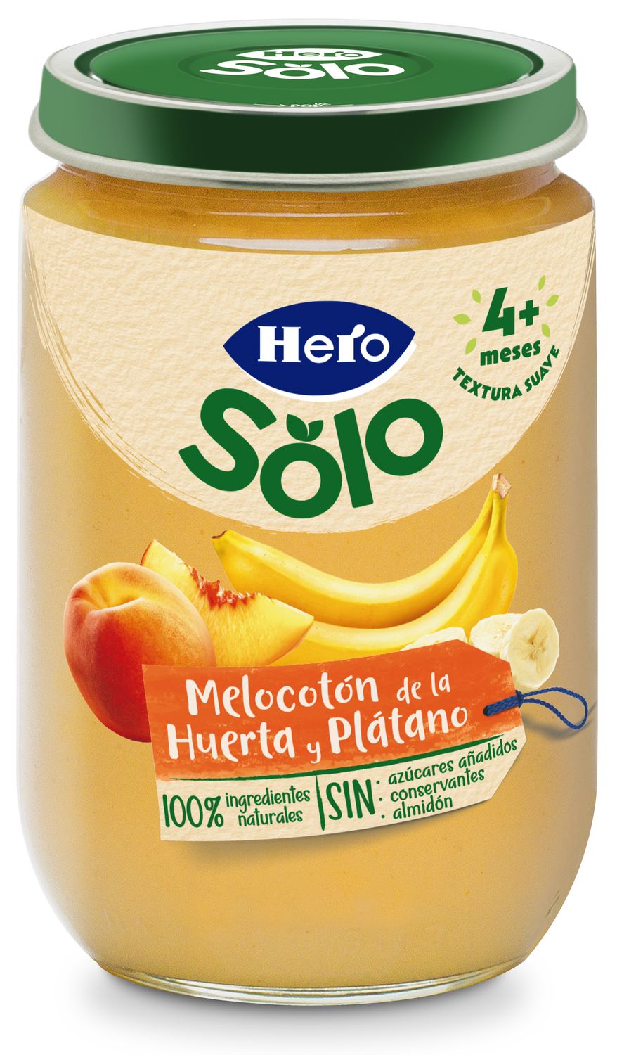 Potito melocotón de la huerta y plátano HERO 190 g.