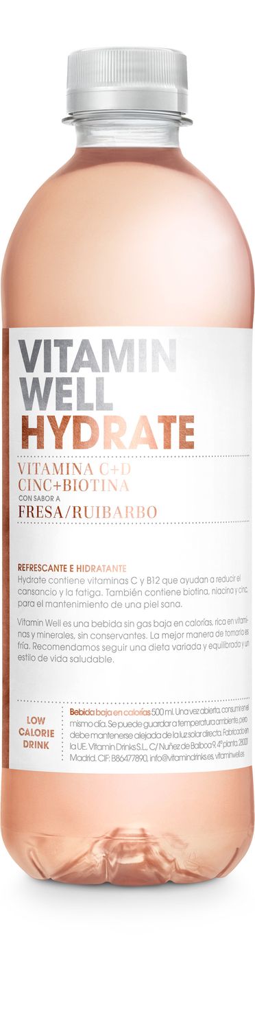 Bebida vitaminada hydrate sabor a fresa/ruibarbo VITAMIN WELL 500 ml.