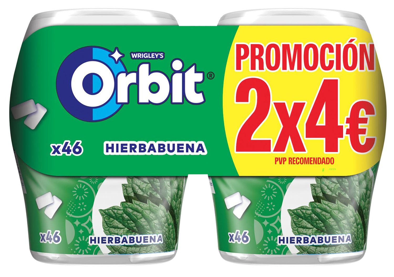 Bote de chicles sabor hierbabuena ORBIT 2 x 64 g.