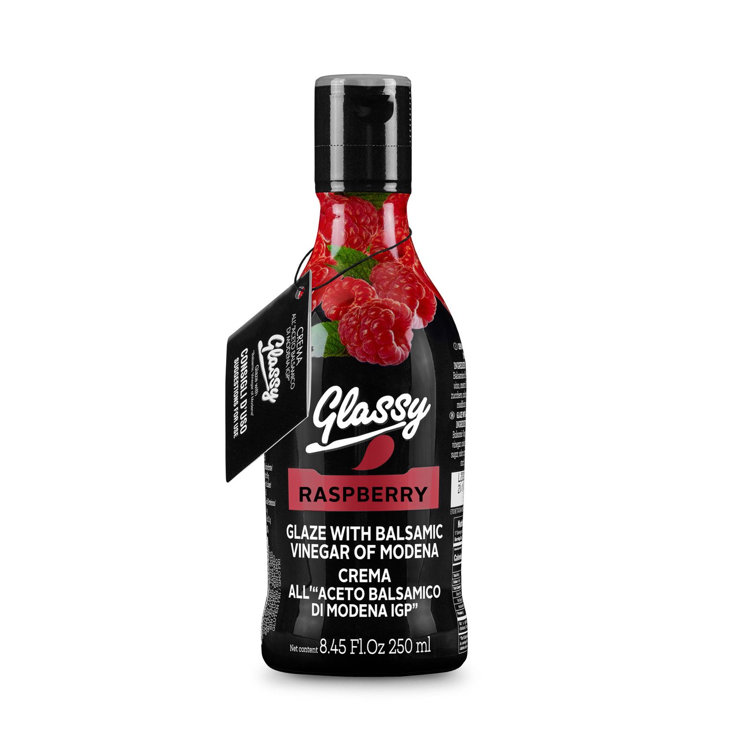 Crema de aceto balsámico de Módena sabor frambuesa GLASSY 250 ml.