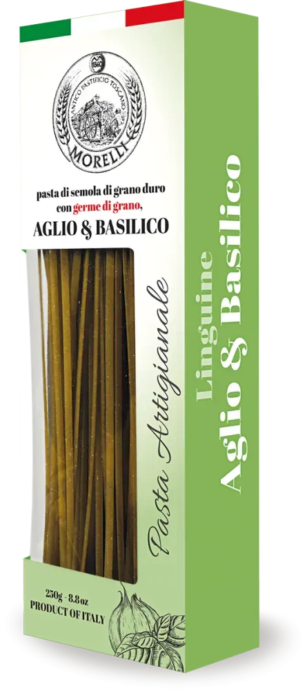 Linguine con germen de trigo, ajo y albahaca MORELLI 250 g.