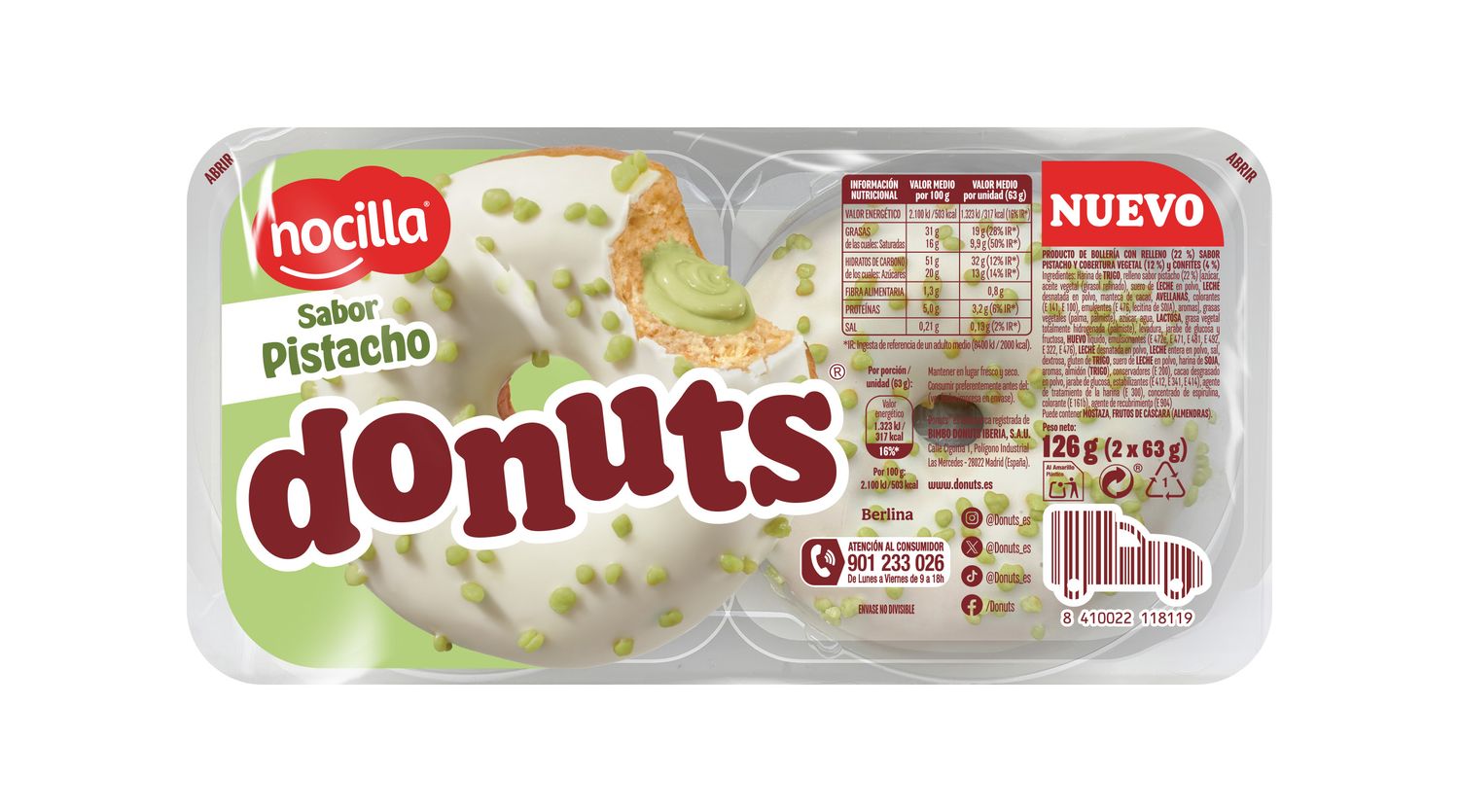 DONUTS nocilla sabor pistacho BIMBO 2 x 63 g.