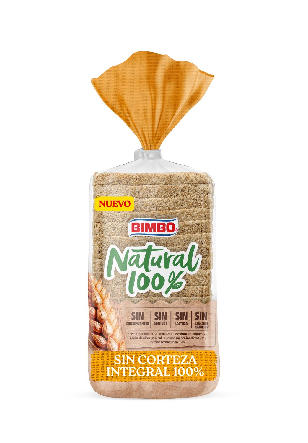 Pan de molde sin corteza integral 100% BIMBO 450 g.