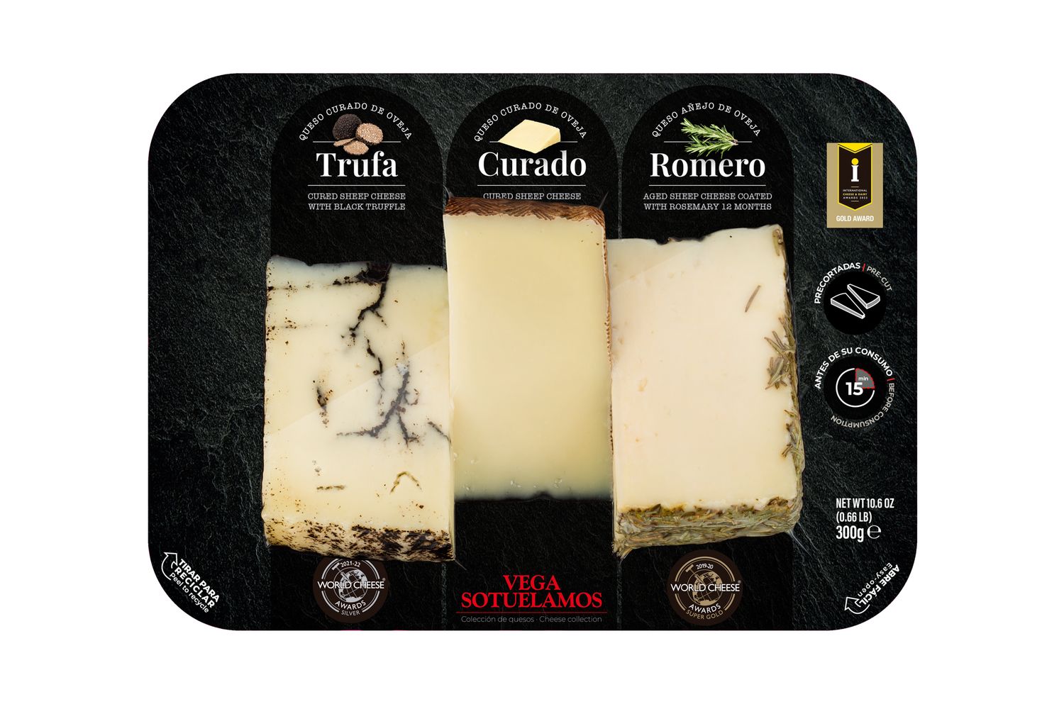 Tabla de quesos trufa, oveja curado y romero VEGA SOTUÉLAMOS 300 g.