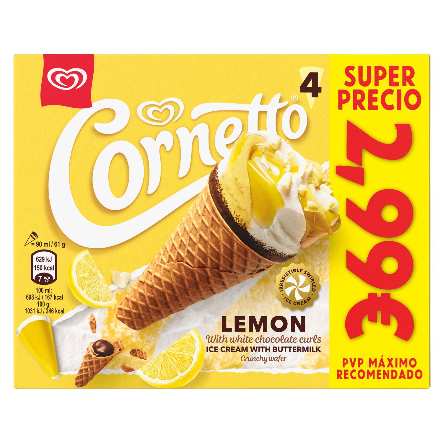Cono de helado de limón CORNETTO 4 x 90 ml