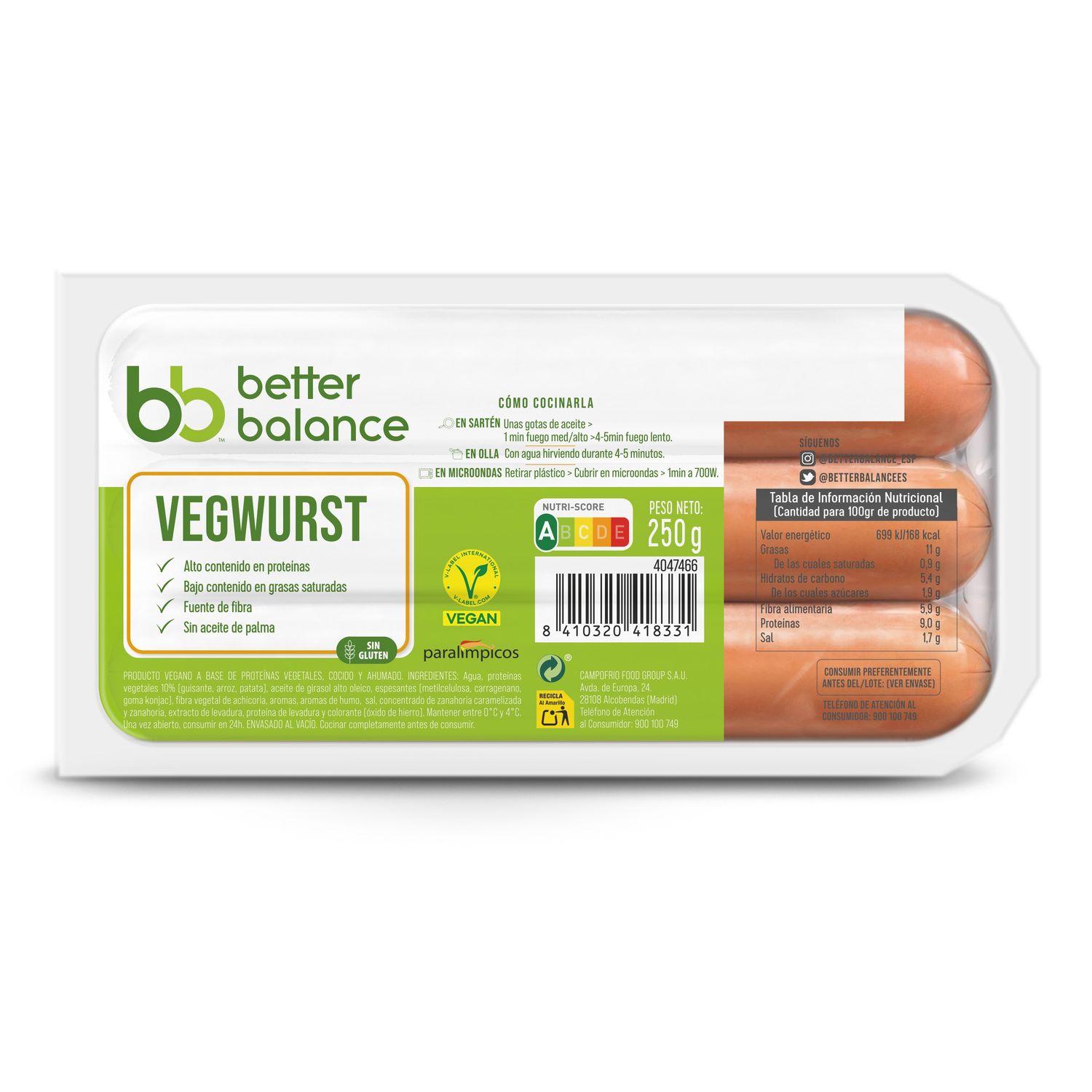 Salchichas jumbo 100% vegetal BETTER BALANCE  de CAMPOFRIO 250 g