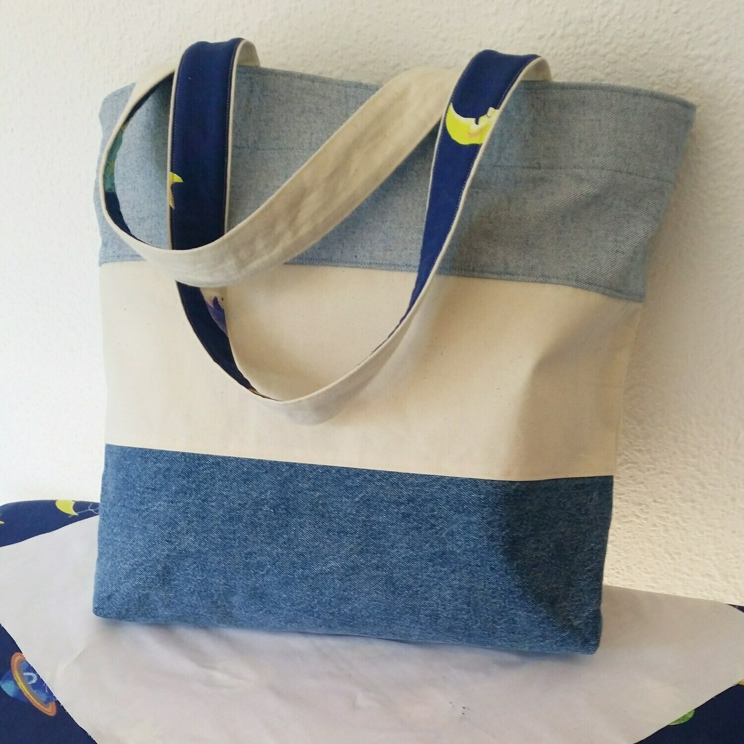 Handmade Denim/Calico, Lined Tote Bag