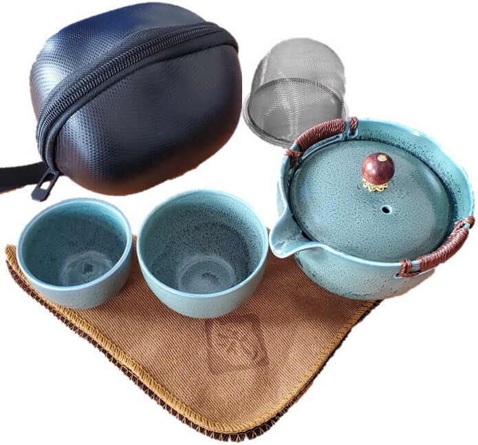 268124.1 Сервиз ДОРОЖНЫЙ "Каменный" чайник 180мл, 2 пиалы, сито в дор.сумке, керамика бирюзовый