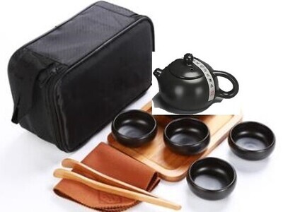 242070 Сервиз Дорожный, черный фарфор. Чайник 180мл + 4 пиалы 30мл + чайная доска + щипцы + сумка
