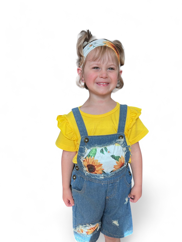 Little Girls, Sunflower T-shirt And Overalls