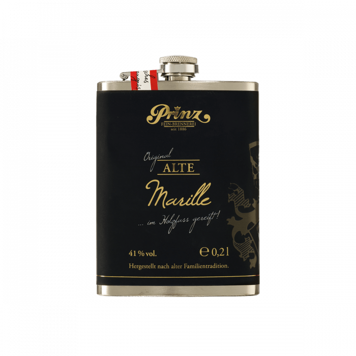Edelstahl-Flachmann (ca. 200 ml) mit Alter Marille 41 % vol. Edelstahl-Flachmann (ca. 200 ml) mit Alter Marille 41 % vol.