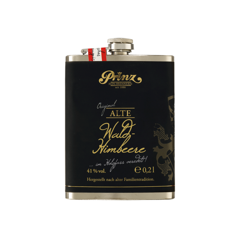 Edelstahl-Flachmann (ca. 200 ml) mit Alte Wald-Himbeere 41 % vol. Edelstahl-Flachmann (ca. 200 ml) mit Alte Wald-Himbeere 41 % vol.