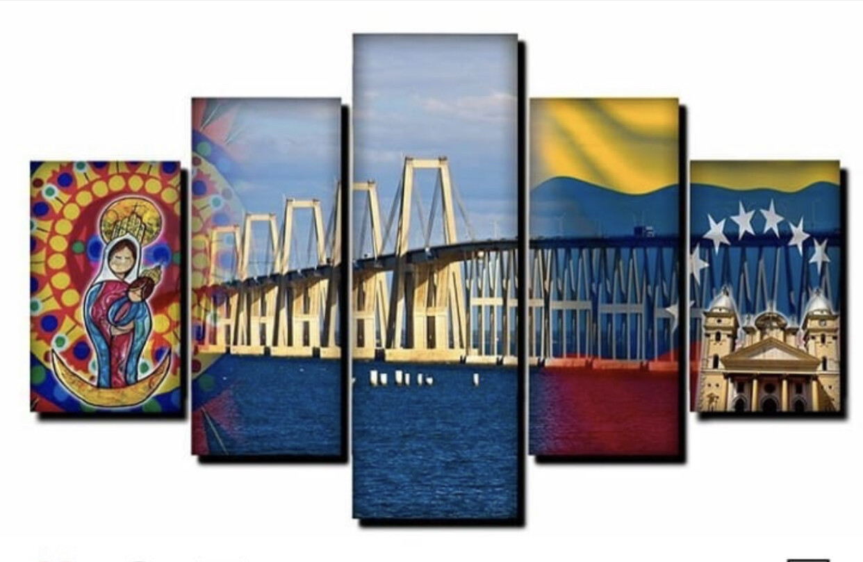 Canvas Lago Maracaibo con banderas y virgen y Catedral