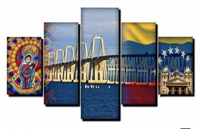 Canvas Lago Maracaibo con banderas y virgen y Catedral