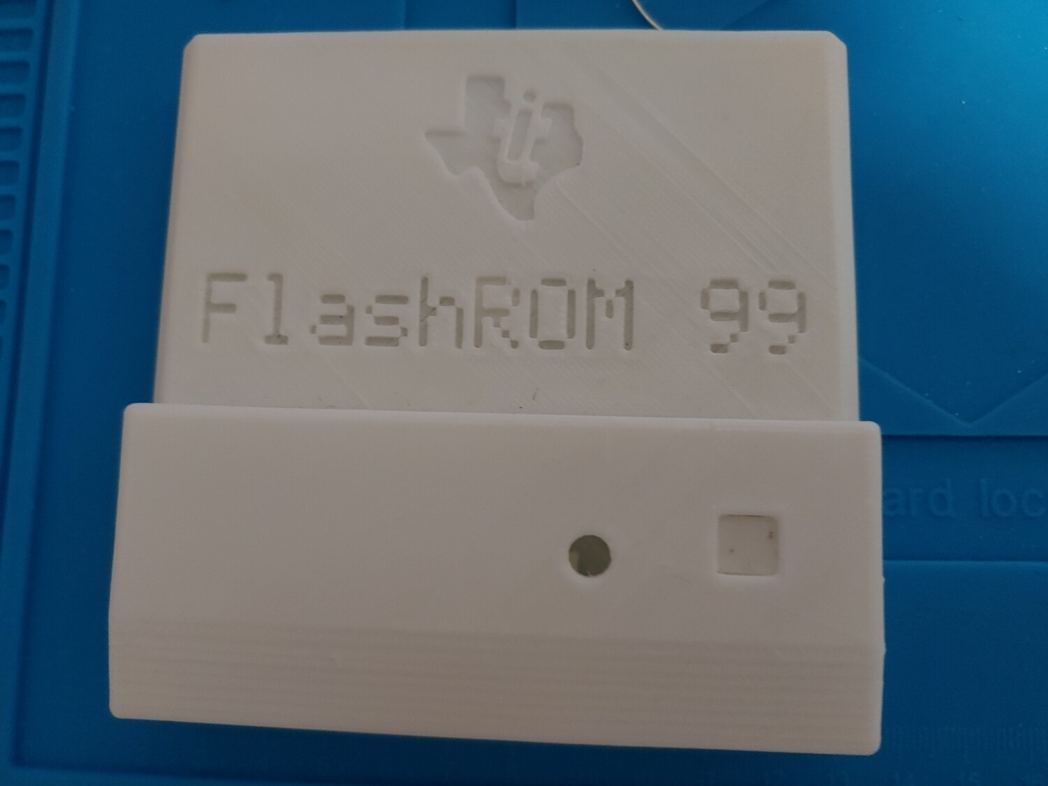 3d Printed case for FlashROM99 for flush button type with TI logo and title - White