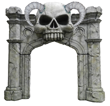 A gateway with a demon skull: An immersive themed attraction for amusement centers. 