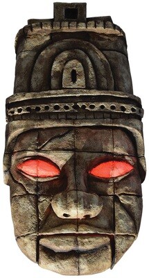 A stone head with glowing red eye – designed for theme park attractions. 