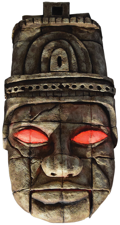 A stone head with glowing red eye – designed for theme park attractions. 
