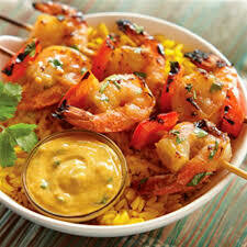 Grilled Prawns in Curry sauce with Rice/Chips &amp; Veg.