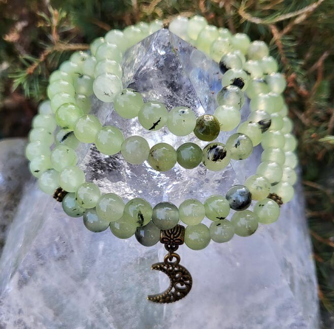 📿Prehnite Malas with Moon Charm