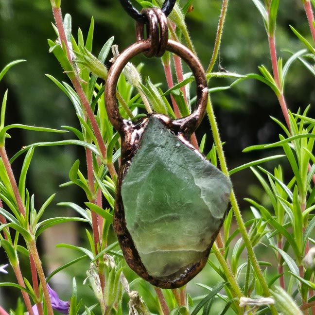 Raw Green Fluorite Nugget Copper Pendant