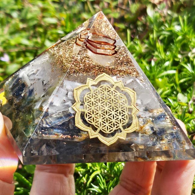 Selenite and Blue Kyanite Flower of Life Orgone Pyramid