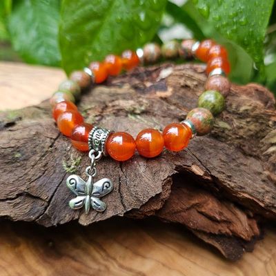 🦋Unakite and Carnelian Butterfly Bracelet