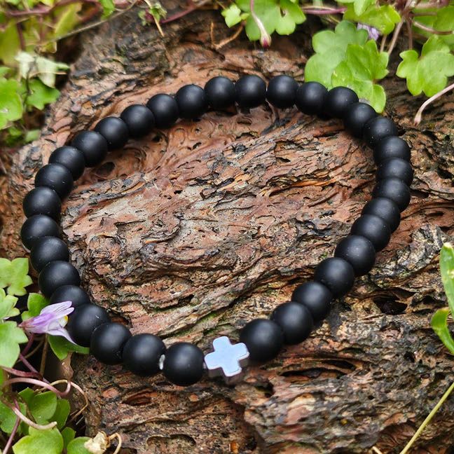 ⚫ Shadow &amp; Steel — Matte Onyx &amp; Hematite Cross Bracelet