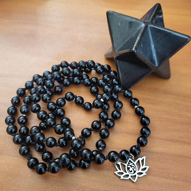 🖤Hand knotted Obsidian Prayer Beads with Lotus Charm