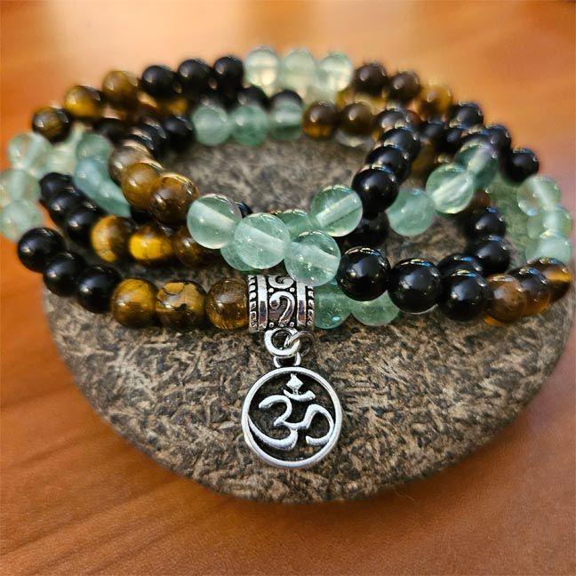🕉️Sacred Sound OM Mala – Obsidian, Tiger Eye & Green Fluorite 🕉️Sacred Sound OM Mala – Obsidian, Tiger Eye & Green Fluorite
