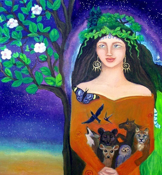 Colorful painting of a woman with a leafy crown holding an array of animals under a starry sky with a tree and stone circle.