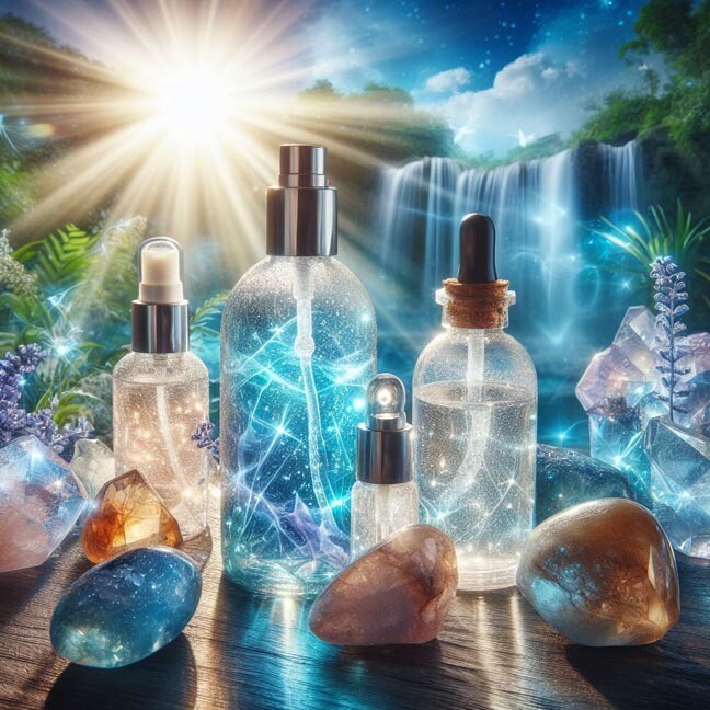 Shimmering glass bottles and crystals on wood with a glowing waterfall and golden sunbeams behind them.