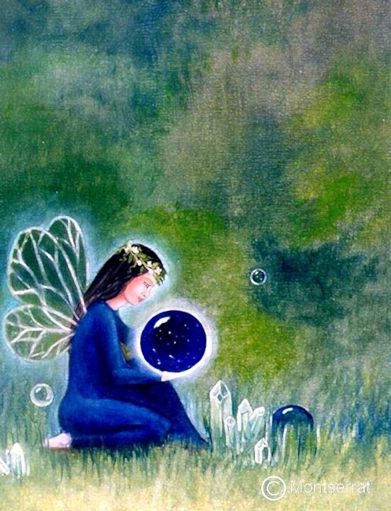 Kneeling fairy with blue wings holding a glowing dark blue orb surrounded by clear crystals in a garden.