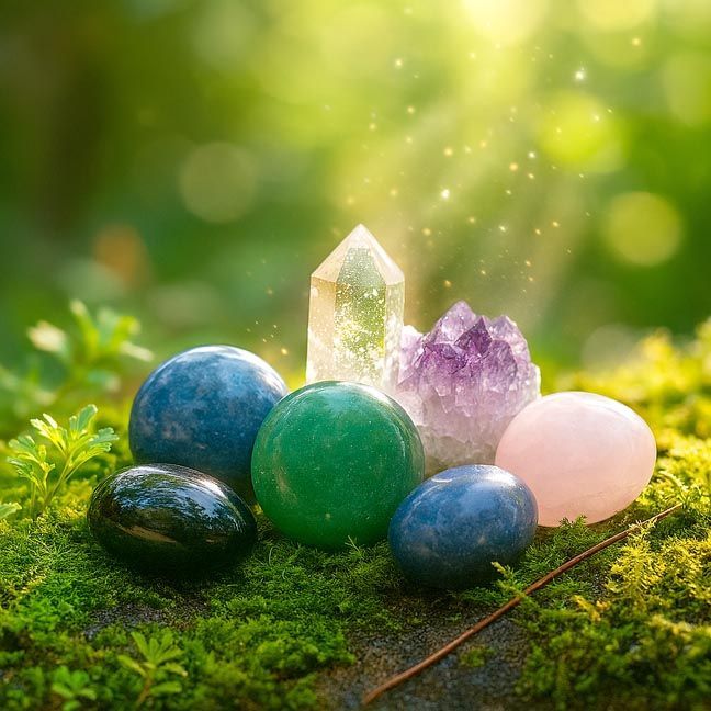 Assorted crystals and polished stones arranged on moss outdoors with sunlight glowing behind them