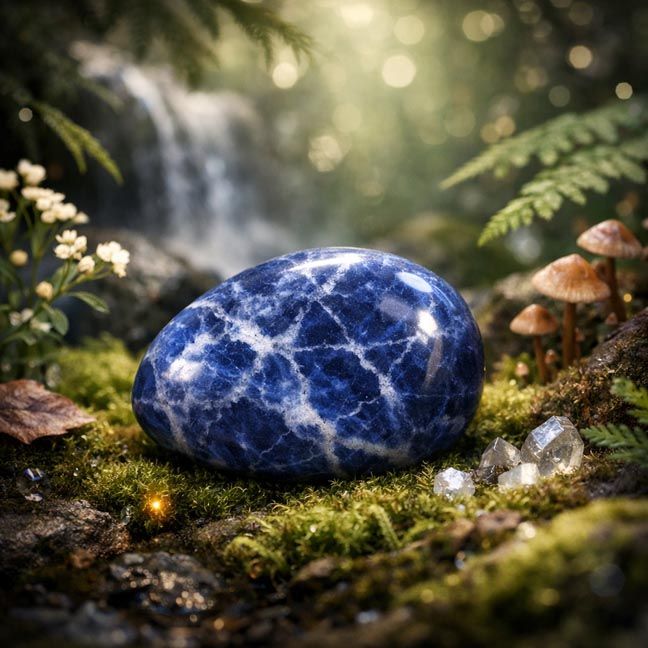 Deep blue Sodalite stone symbolizing truth, inspiration, and creative clarity.