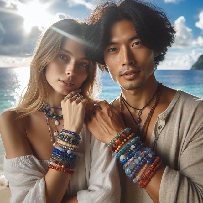 Man and woman standing on a beach wearing multiple beaded bracelets and necklaces with the ocean behind them.