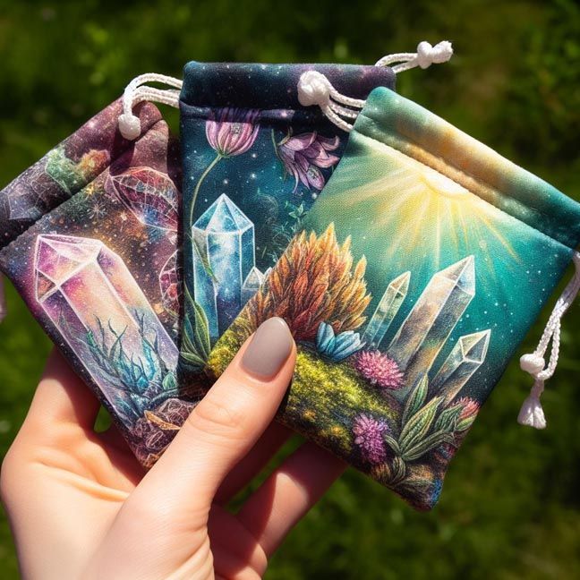 Hand holding three printed drawstring pouches with colorful crystal and nature artwork outdoors