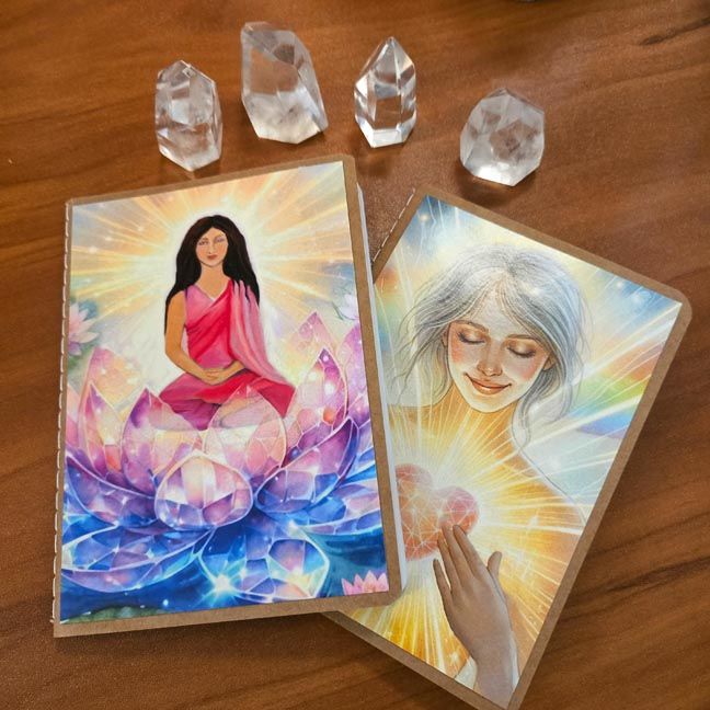 Two art journals with radiant spiritual illustrations, surrounded by clear quartz crystals on a wooden surface