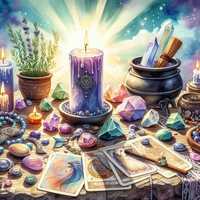 Assorted spiritual items including candles, crystals, tarot cards, herbs, and jewelry arranged on a wooden surface.