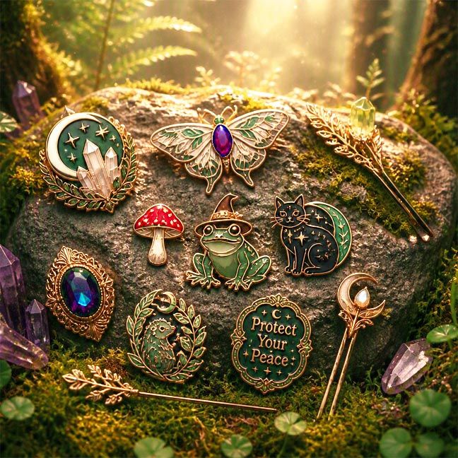 Mystical brooches, pins, and hair adornments featuring magical creatures and symbolic charms.