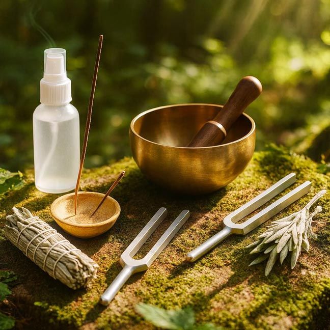 Outdoor setup with a singing bowl, tuning forks, incense, sage bundles, and wellness tools on moss in soft sunlight