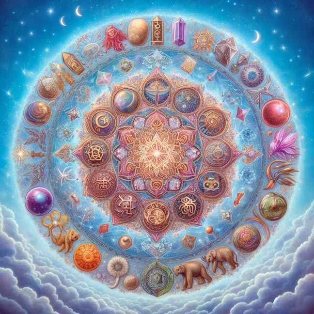 Sacred geometry mandala surrounded by crystals, animals, and symbolic shapes on a cosmic backdrop