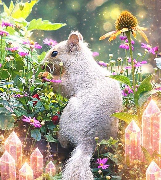 Squirrel in a colorful garden with radiant pink and purple crystals and soft sparkles.
