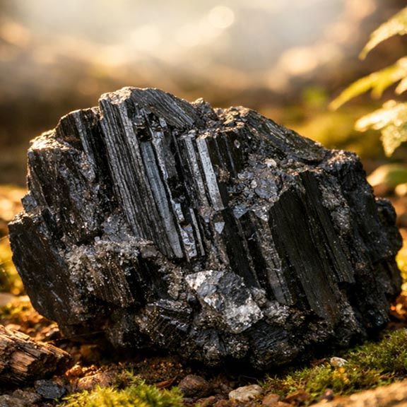 Black Tourmaline stone in deep black tones symbolizing protection, grounding, and energetic purification.